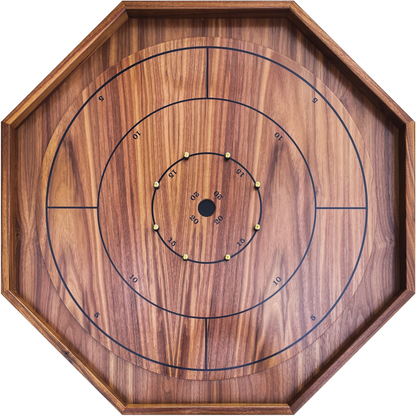 Wooden crokinole board with circular scoring system on a white background