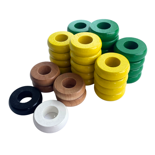 32 Green and Yellow Carrom / Pichenotte / Croquignole Rings - (Green / Yellow / Natural / Black / White) - Anneaux De Pichenottes - Game Accessories / Accessoires De Jeu
